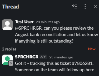 Screenshot caption: The bot confirms the request with a ticket number.